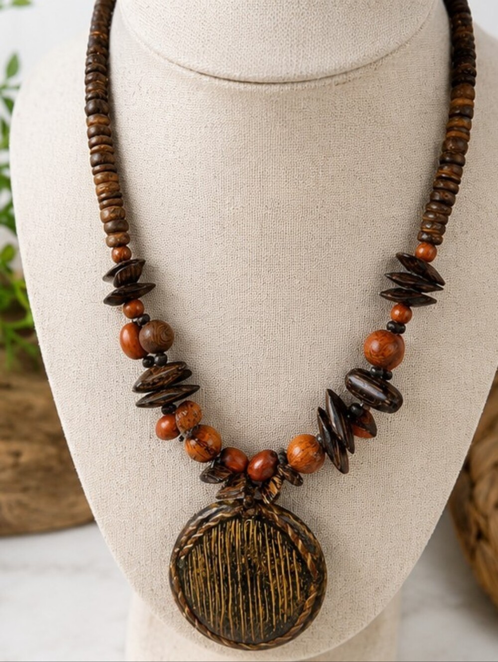 Vintage Artisan Wood Statement Necklace Large Pendant Boho Tribal Natural Bead